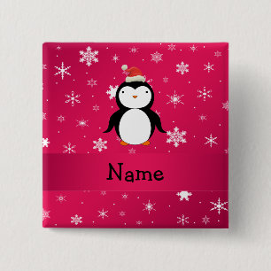Personalized name penguin pink snowflakes 2 inch square button