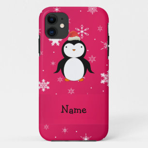 Personalized name penguin pink snowflakes iPhone 11 case