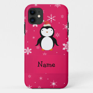 Personalized name penguin pink snowflakes iPhone 11 case