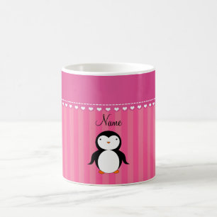 Personalized name penguin pink stripes coffee mug