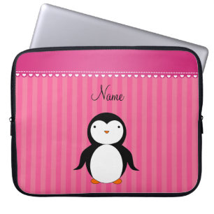 Personalized name penguin pink stripes laptop sleeve