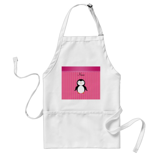 Personalized name penguin pink stripes standard apron (Front)