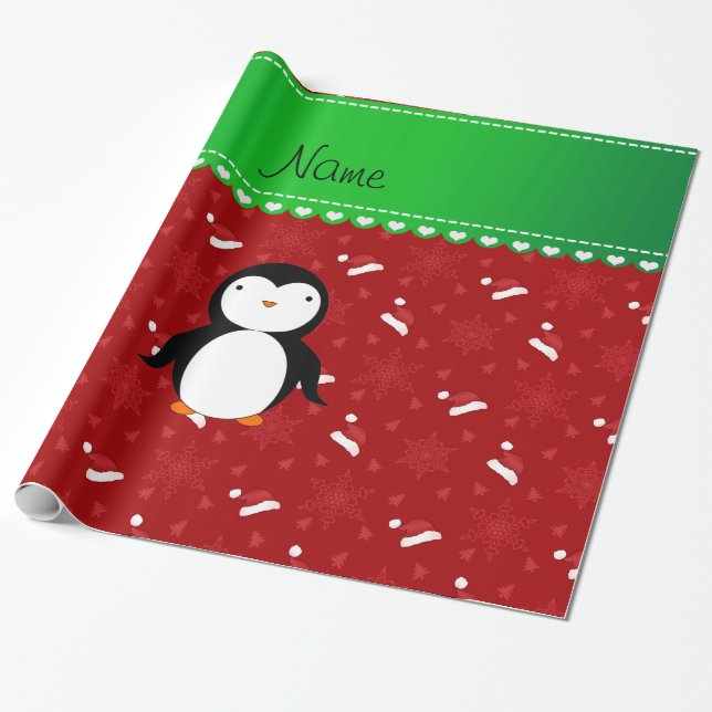 Personalized name penguin red santa hats snowflake wrapping paper (Unrolled)