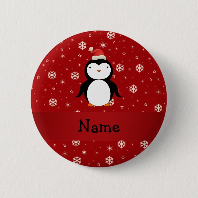 Personalized name penguin red snowflakes 2 inch round button (Front)
