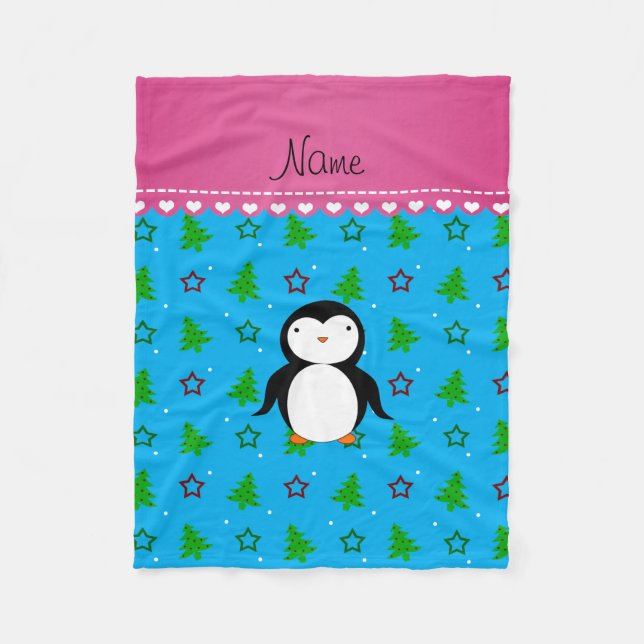Personalized name penguin sky blue trees stars fleece blanket (Front)