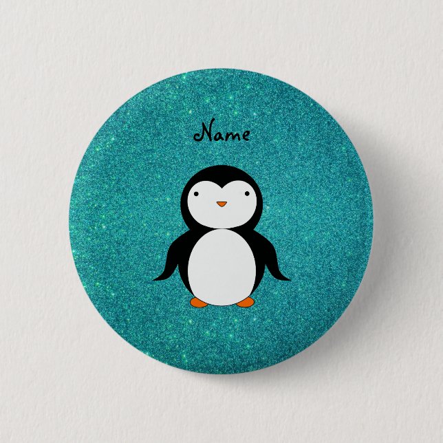 Personalized name penguin turquoise glitter 2 inch round button (Front)