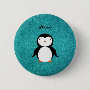 Personalized name penguin turquoise glitter 2 inch round button