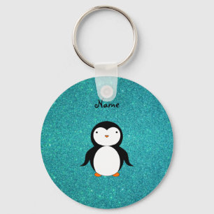 Personalized name penguin turquoise glitter keychain