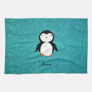 Personalized name penguin turquoise glitter kitchen towel