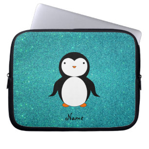 Personalized name penguin turquoise glitter laptop sleeve