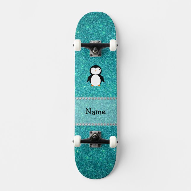 Personalized name penguin turquoise glitter skateboard (Front)