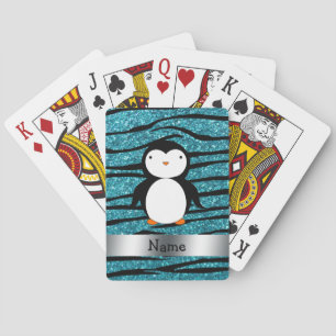 Personalized name penguin turquoise glitter zebra playing cards