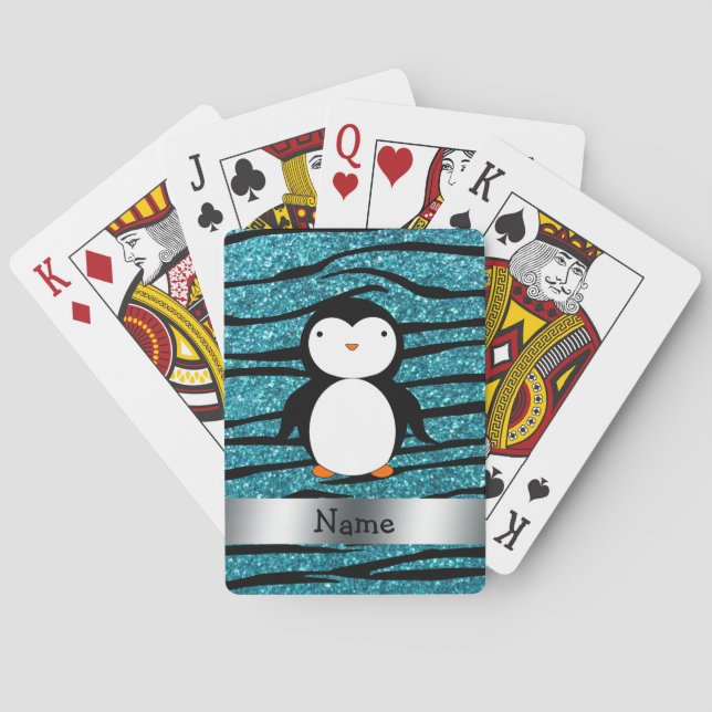 Personalized name penguin turquoise glitter zebra playing cards (Back)
