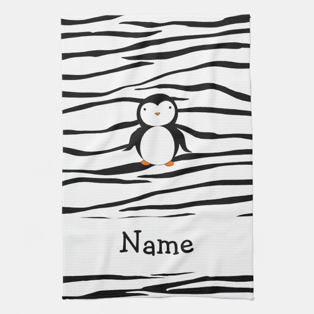 Personalized name penguin zebra stripes kitchen towel (Vertical)