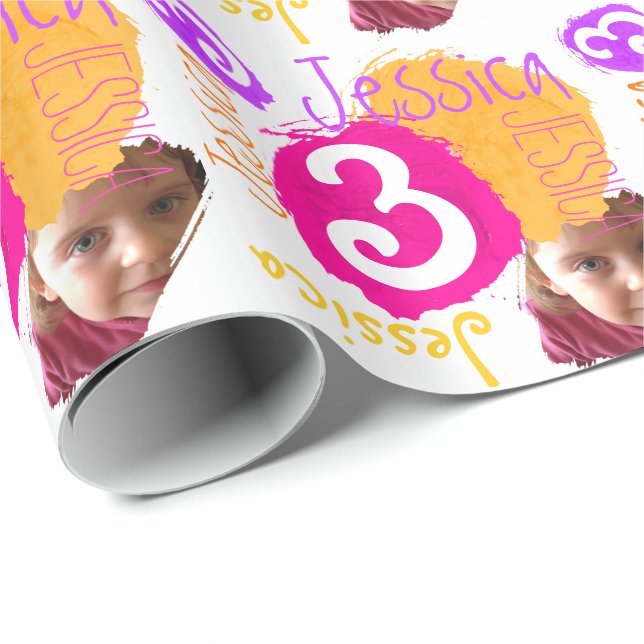 Personalized name photo 3th birthday paint wrap wrapping paper (Roll Corner)