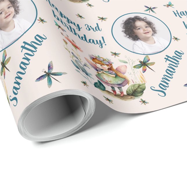 Personalized Name Photo Age Magical Fairy Birthday Wrapping Paper (Roll Corner)