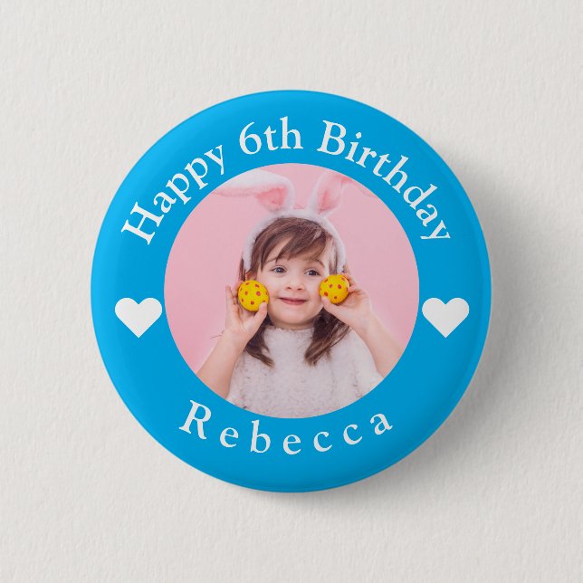 Personalized Name, Photo And Age Birthday Blue 2 Inch Round Button (Front)