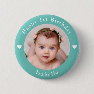 Personalized Name, Photo And Age Birthday Teal 2 Inch Round Button