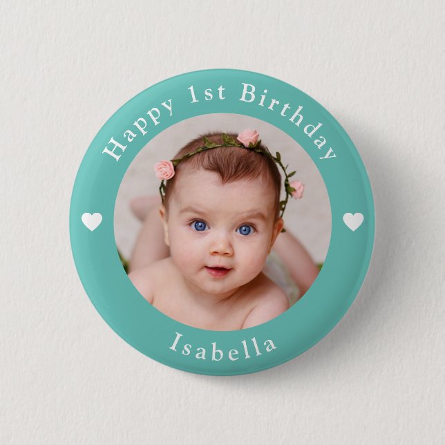 Personalized Name, Photo And Age Birthday Teal 2 Inch Round Button (Front)