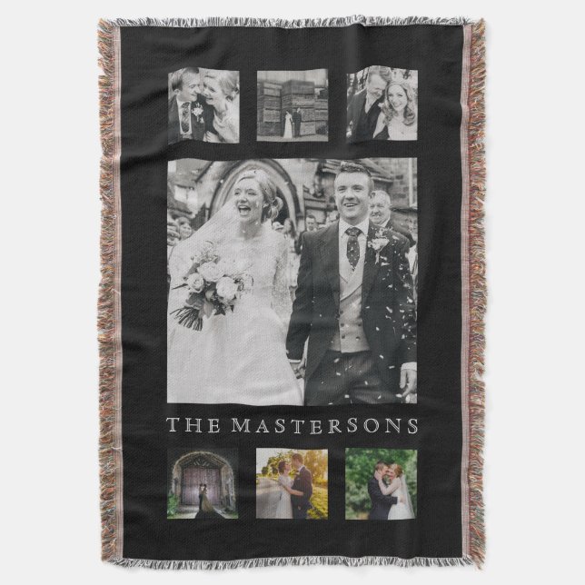Personalized Name Photo Collage in Black Throw Blanket (Front Vertical)