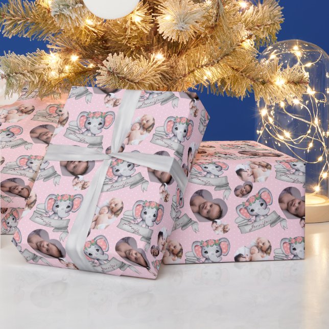 Personalized Name & Photo Elephant Baby Girl Pink Wrapping Paper (Holidays)