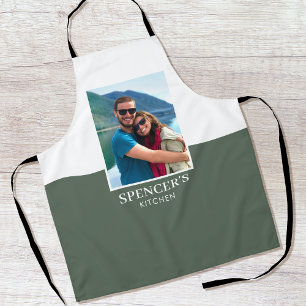 Personalized Name Photo Grey Green Modern Apron
