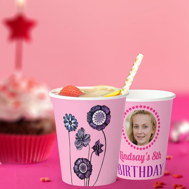 Personalized Name & Photo Pink Floral Birthday Paper Cups (Creator Uploaded)