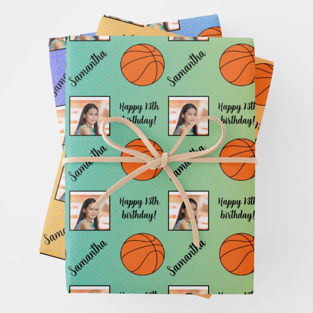 Personalized Name Photo Sport Basketball Birthday Wrapping Paper Sheet (In situ)