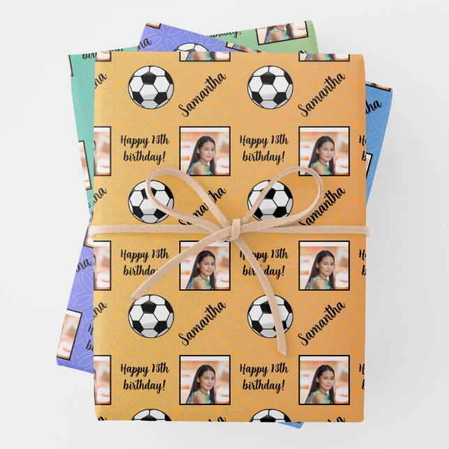 Personalized Name Photo Sport Soccer Birthday Wrapping Paper Sheet (In situ)