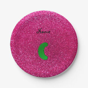 Personalized name pickle pink glitter paper plate