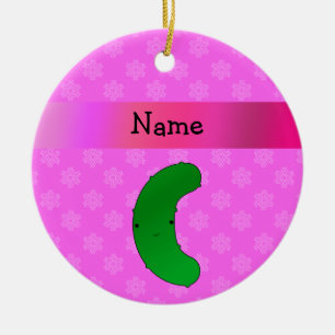 Personalized name pickle pink snowflakes ceramic ornament