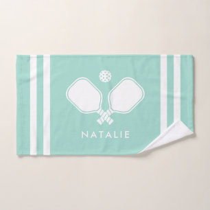 Personalized Name Pickleball Aqua Blue Stripes Hand Towel