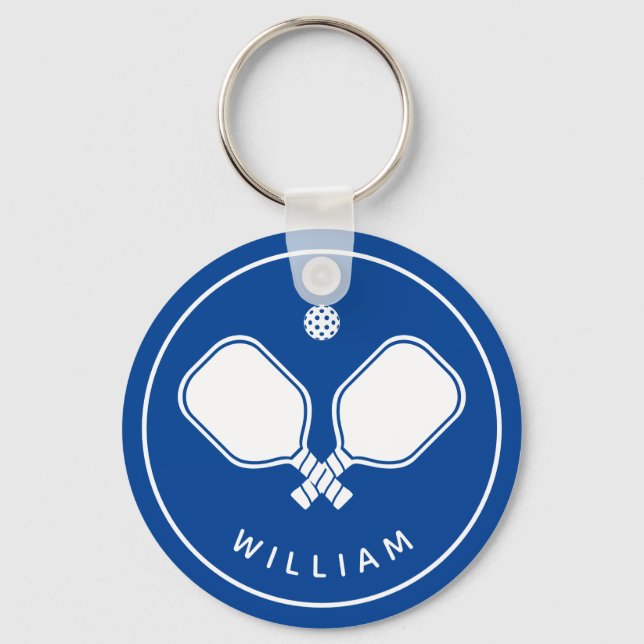 Personalized Name Pickleball Blue & White Keychain (Front)