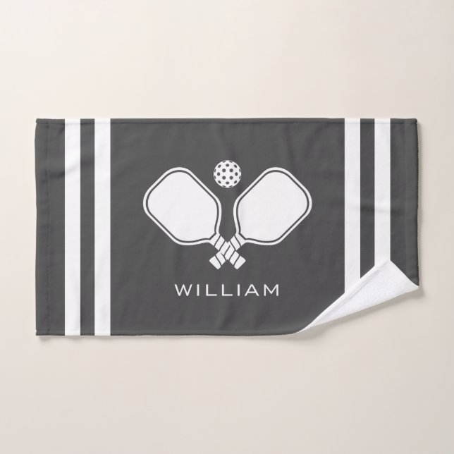 Personalized Name Pickleball Dark Grey Stripes Hand Towel (Hand Towel)