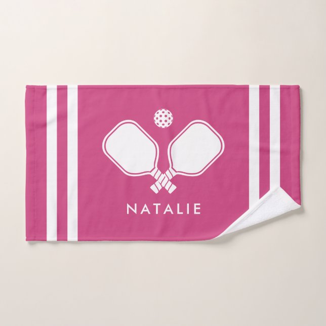 Personalized Name Pickleball Magenta Stripes Hand Towel (Hand Towel)