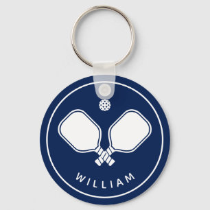 Personalized Name Pickleball Navy Blue & White Keychain