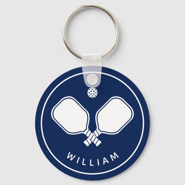 Personalized Name Pickleball Navy Blue & White Keychain (Front)