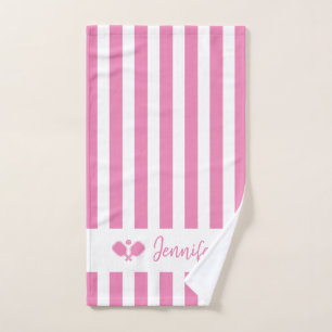 Personalized Name Pickleball Pink Stripes Hand Towel