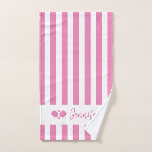 Personalized Name Pickleball Pink Stripes Hand Towel (Hand Towel)