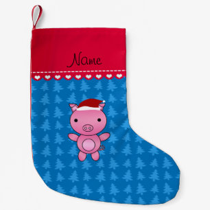 Personalized name pig blue christmas trees small christmas stocking