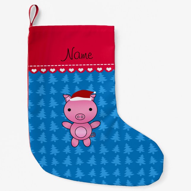 Personalized name pig blue christmas trees small christmas stocking (Front)