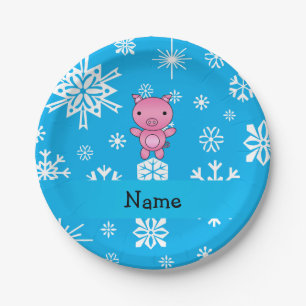 Personalized name pig blue snowflakes paper plate