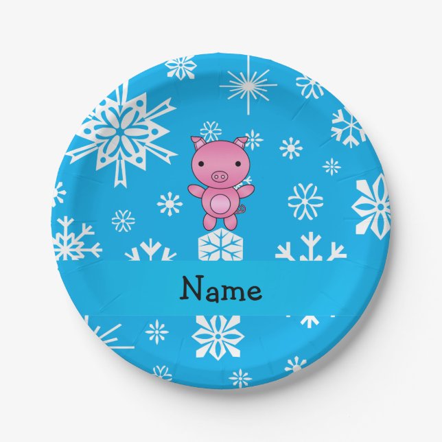 Personalized name pig blue snowflakes paper plate (Front)