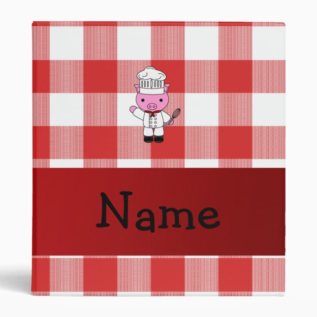 Personalized name pig chef red white chequered binder (Front)