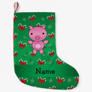 Personalized name pig green candy canes bows small christmas stocking