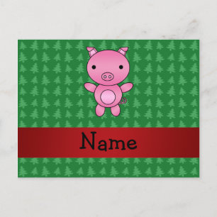 Personalized name pig green christmas trees holiday postcard