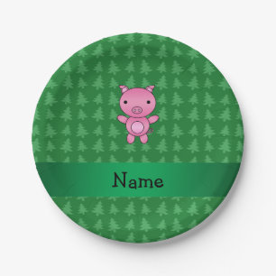 Personalized name pig green christmas trees paper plate