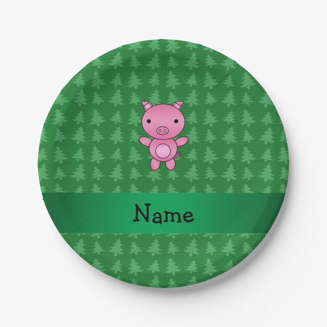 Personalized name pig green christmas trees paper plate (Front)