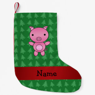 Personalized name pig green christmas trees small christmas stocking