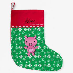 Personalized name pig green snowflakes small christmas stocking